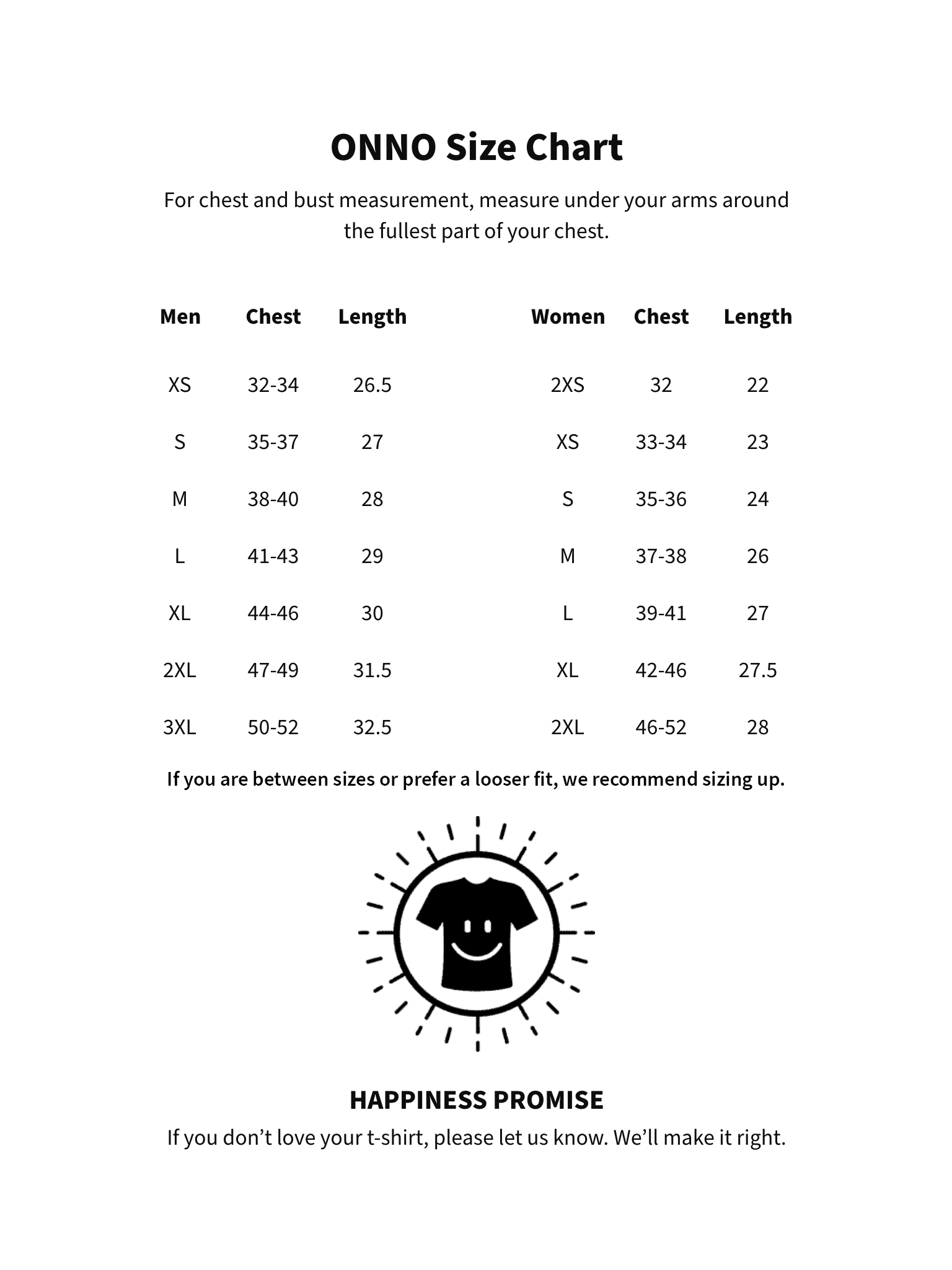 ONNO Sizing Chart